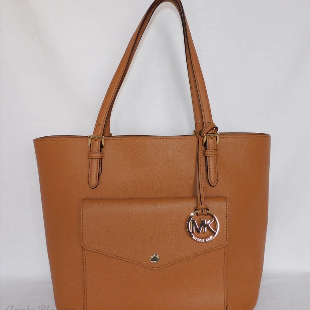 Michael Kors Lg Saffiano Leather Jet Set Snap Pocket Tote Bag-Acorn/Luggage Brwn